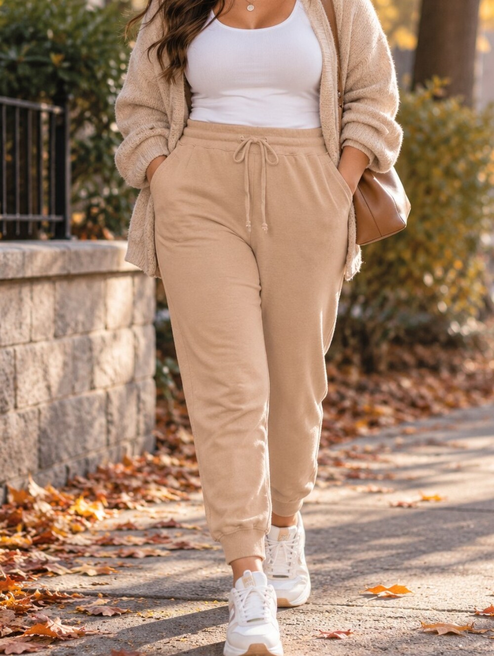 TKEES Women’s Beige Jogger Sweatpants Drawstring Lounge Pants Cozy Minimalist